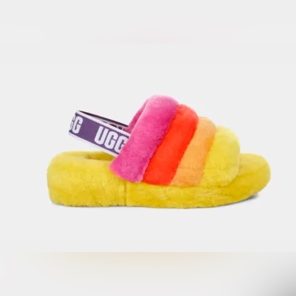 UGG Shoes - UGG Pride Fluff Yeah flat sandals in yellow rainbow